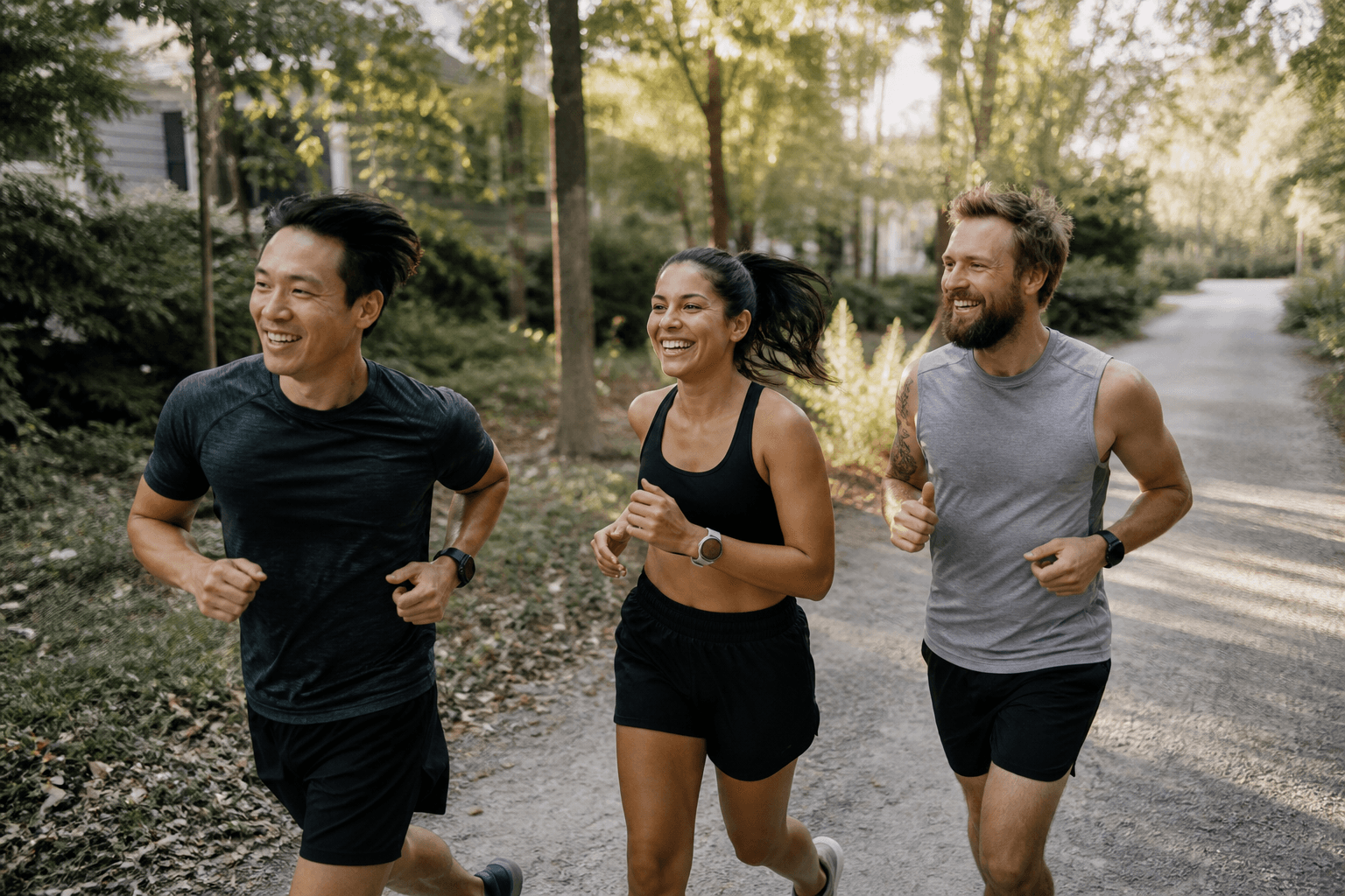 Three friends running together on a tree-lined trail