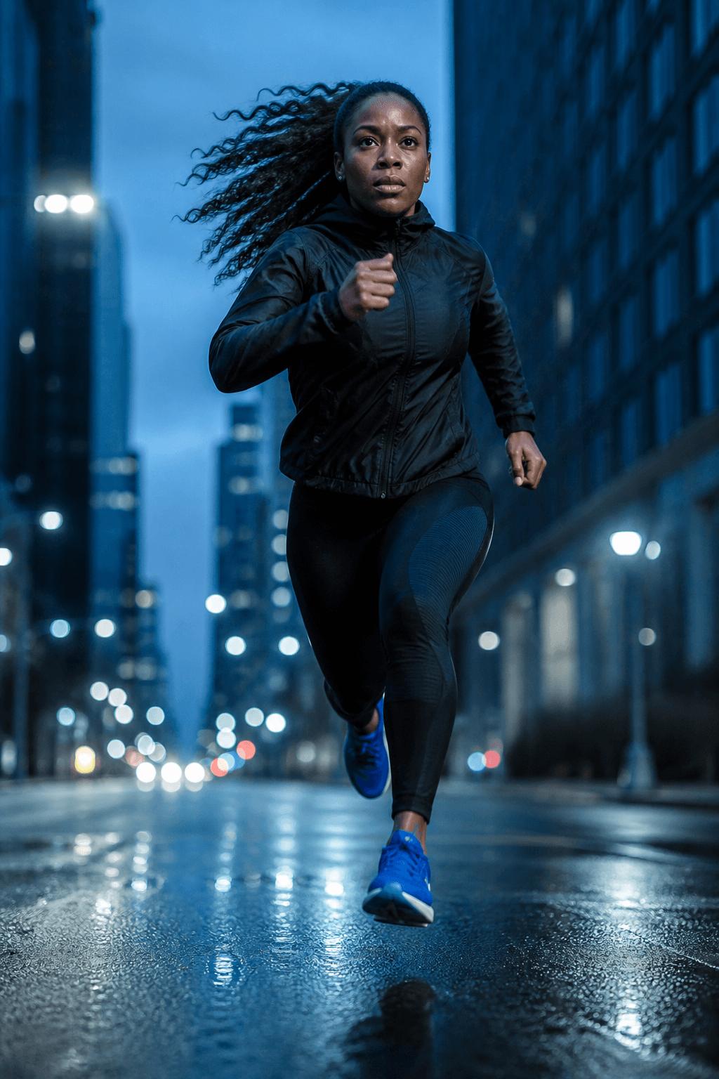 Runner sprinting down a city street at dusk