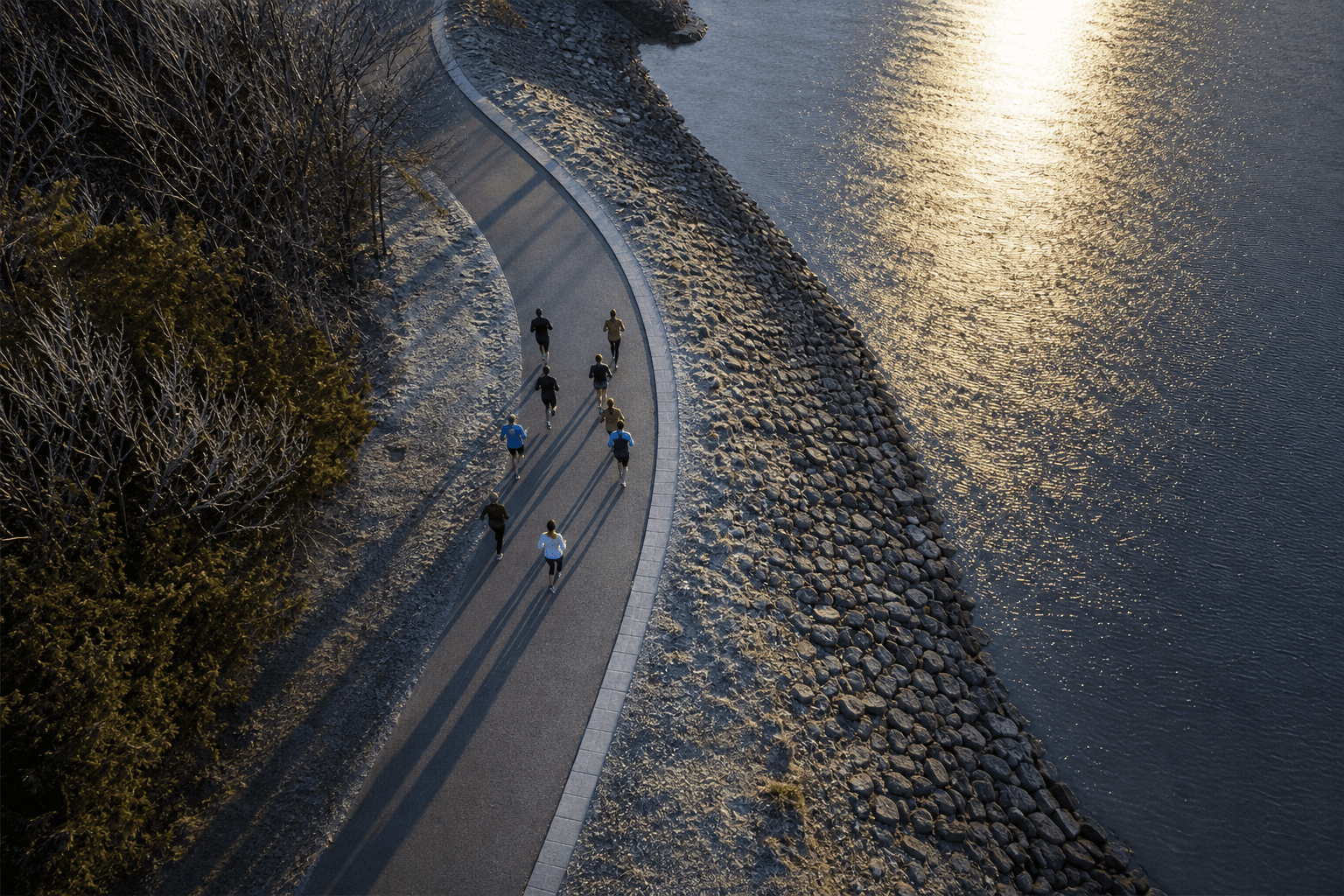 Overhead view of a pack of runners on a riverside path at sunrise